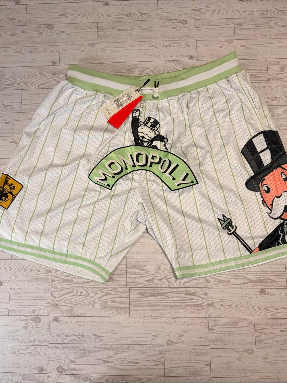 5XL Monopoly Logo Mesh Athletic Shorts in White and Light Green